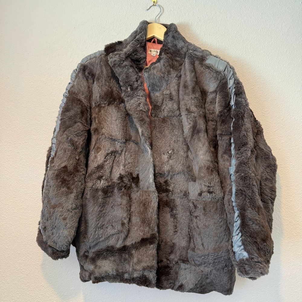 Vintage Gray Rabbit Fur Patchwork Jacket Silver Ruched Sleeve Stripe Medium
